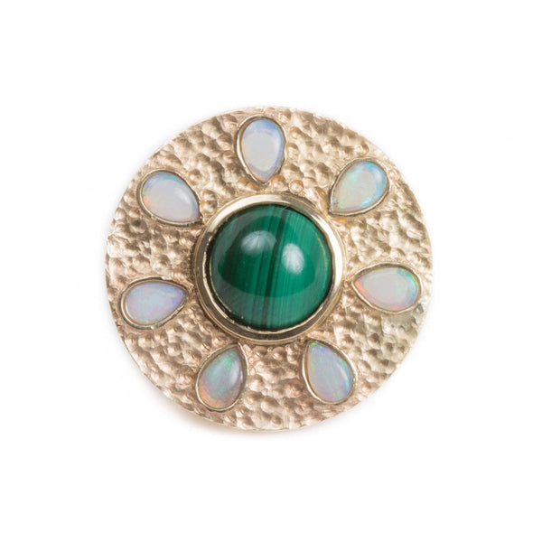 Malachite Pendant + Opals featured a malachite stone dome and teardrop shaped opals