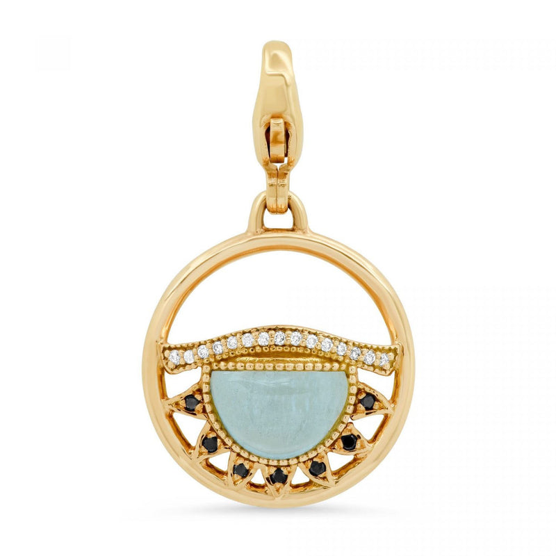 Third Eye Fine Jewelry Charm with Lobster Clasp Solid 14k Yellow Gold with Conflict-free Diamonds and Aquamarine