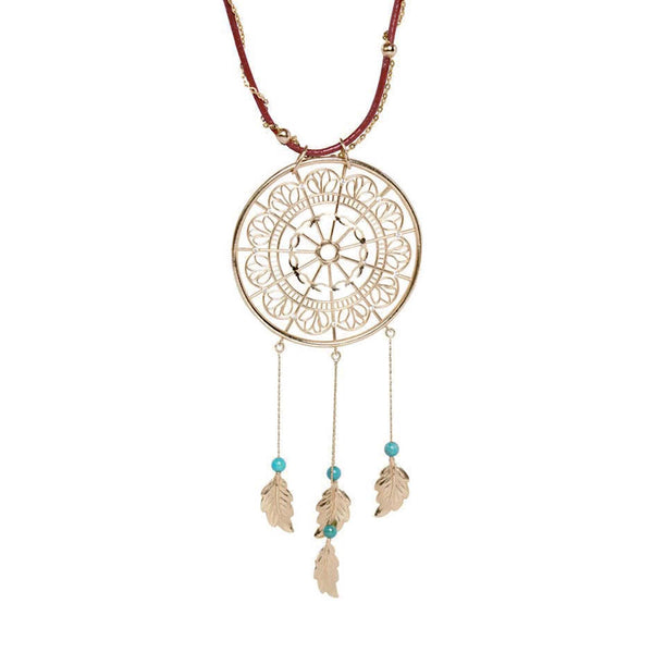 Dream Catcher Necklace in Yellow Gold and White Diamonds + Red Leather - Conges Life