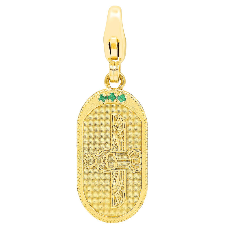 Egyptian Scarab Oval Charm in Yellow Gold + Emeralds