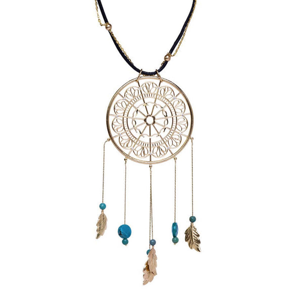 Dream Catcher Necklace in Yellow Gold and White Diamonds + Black Leather - Conges Life