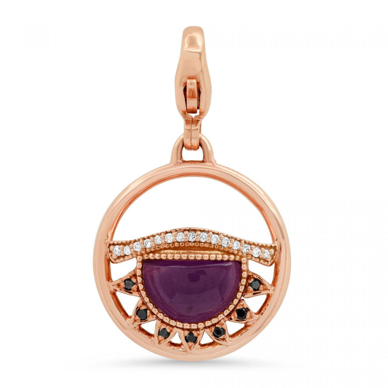 Third Eye Fine Jewelry Charm with Lobster Clasp Solid 14k Rose Gold with Conflict-free Diamonds and Amethyst