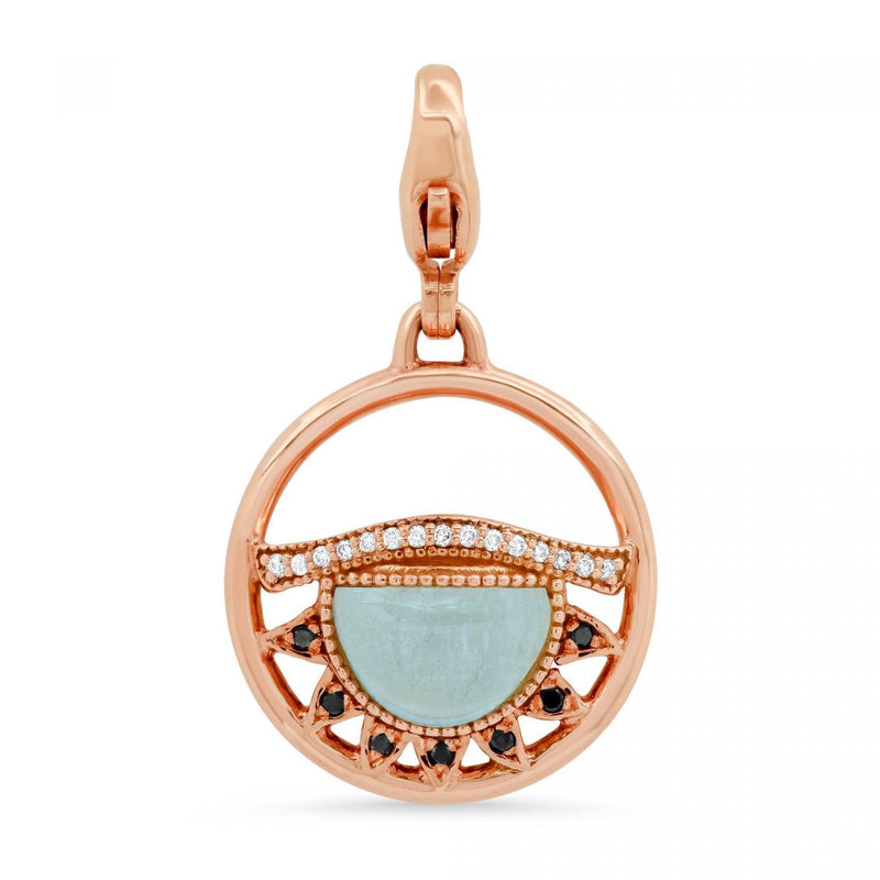 Third Eye Fine Jewelry Charm with Lobster Clasp Solid 14k Rose Gold with Conflict-free Diamonds and Aquamarine