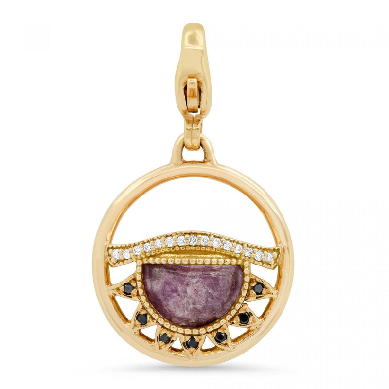 Third Eye Fine Jewelry Charm with Lobster Clasp Solid 14k Yellow Gold with Conflict-free Diamonds and Lepidolite