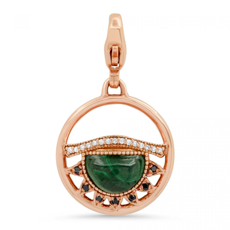 Third Eye Fine Jewelry Charm with Lobster Clasp Solid 14k Rose Gold with Conflict-free Diamonds and Malachite