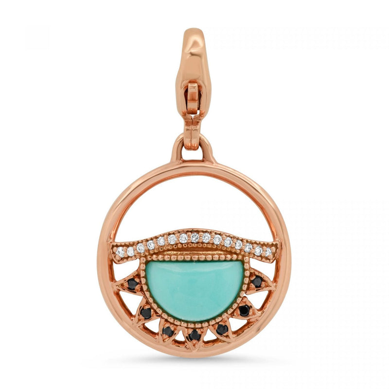 Third Eye Fine Jewelry Charm with Lobster Clasp Solid 14k Rose Gold with Conflict-free Diamonds and Turquoise