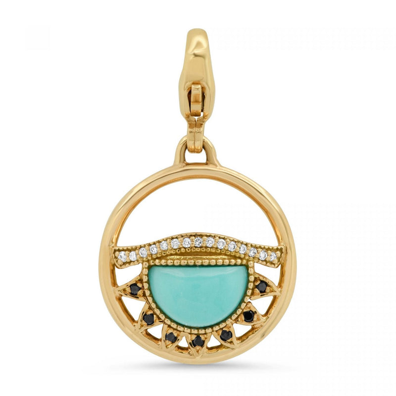 Third Eye Fine Jewelry Charm with Lobster Clasp Solid 14k Yellow Gold with Conflict-free Diamonds and Turquoise