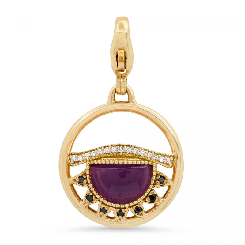 Third Eye Fine Jewelry Charm with Lobster Clasp Solid 14k Yellow Gold with Conflict-free Diamonds and Amethyst