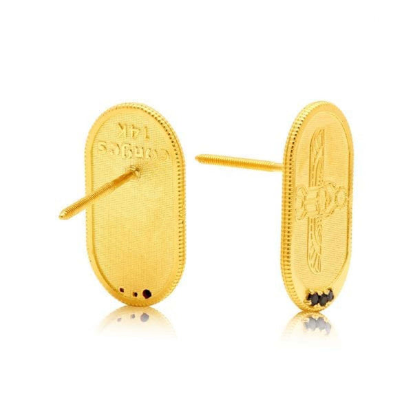 14k Yellow Gold Egyptian Scarab Earrings with Black Diamonds Back Side View - Conges Life