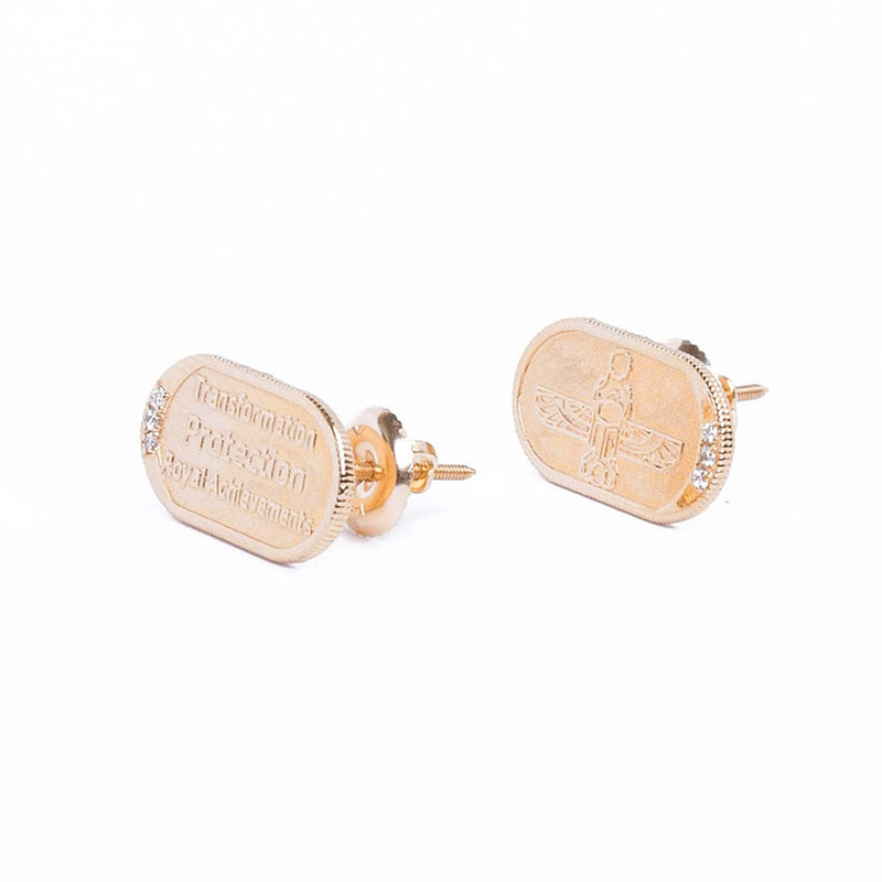 Conges Egyptian Scarab Earrings + White Diamonds in 14k Yellow Gold - Side View with Screw Back