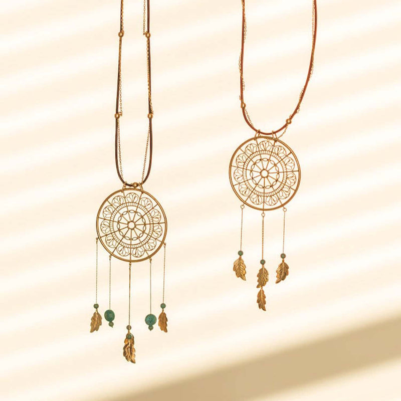 Dream Catcher Necklaces in Yellow Gold and White Diamonds + Leather - Conges Life