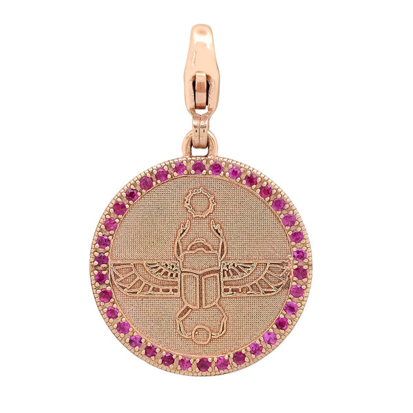 Egyptian Scarab Round Charm in Rose Gold + Rubies