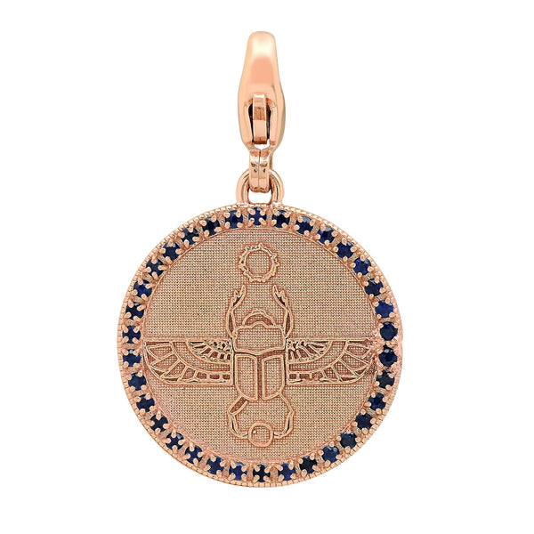 Egyptian Scarab Round Charm in Rose Gold + Sapphires