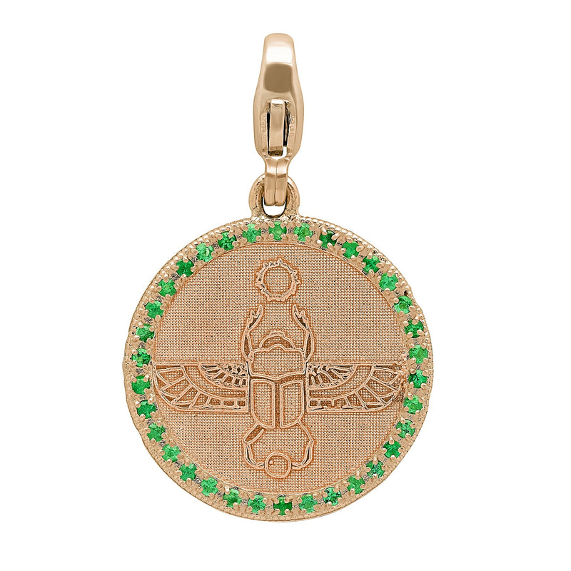 Egyptian Scarab Round Charm in Rose Gold + Emeralds