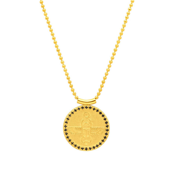Egyptian Scarab Necklace in 14k Yellow Gold and Black Diamonds - Conges Life