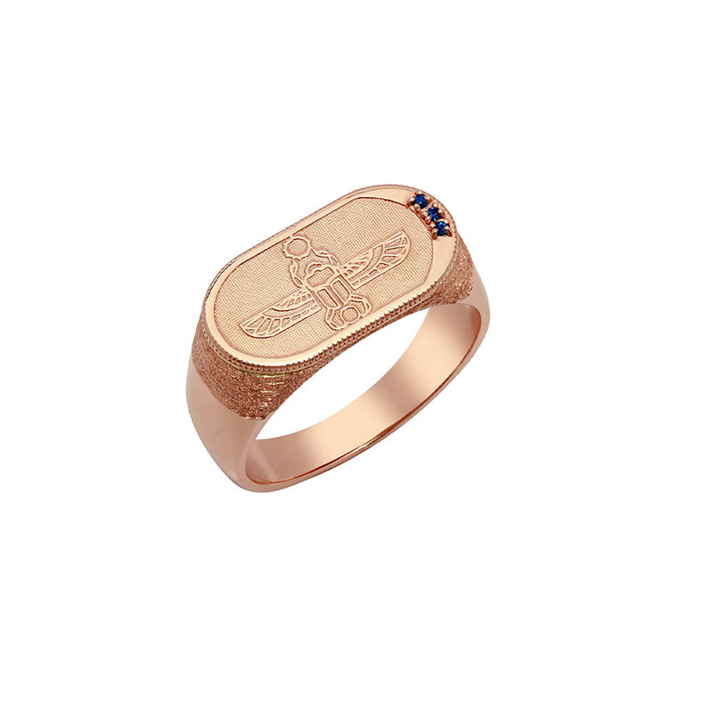 Egyptian Scarab Signet Ring with Sapphires in 14k Rose Gold - Conges Life