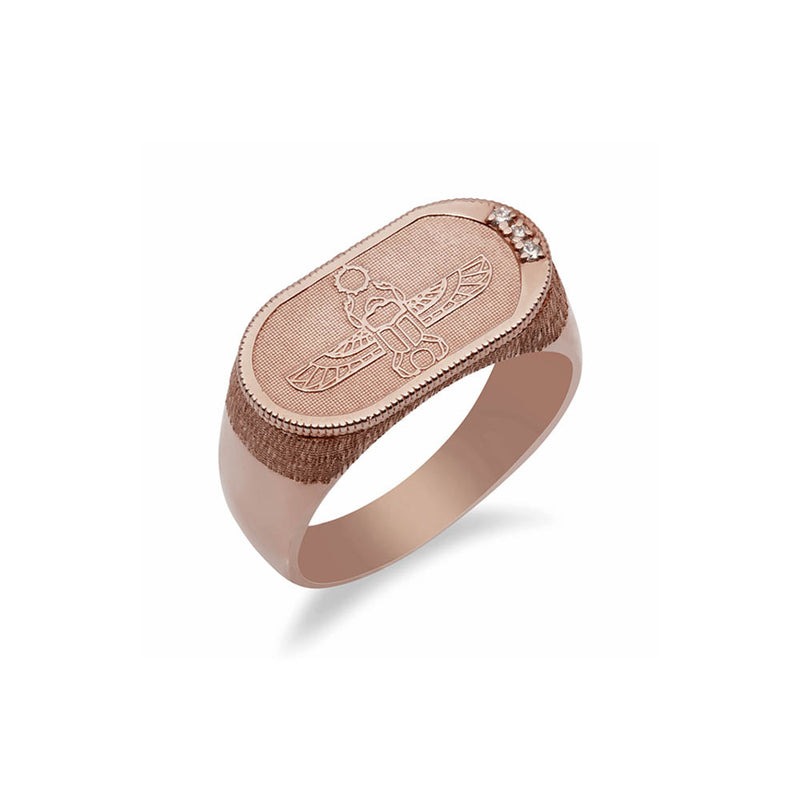 Egyptian Scarab Signet Ring with White Diamonds in 14k Rose Gold - Conges Life