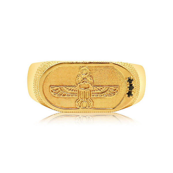Egyptian Scarab Signet Ring with Black Diamonds in 14k Yellow Gold - Conges Life