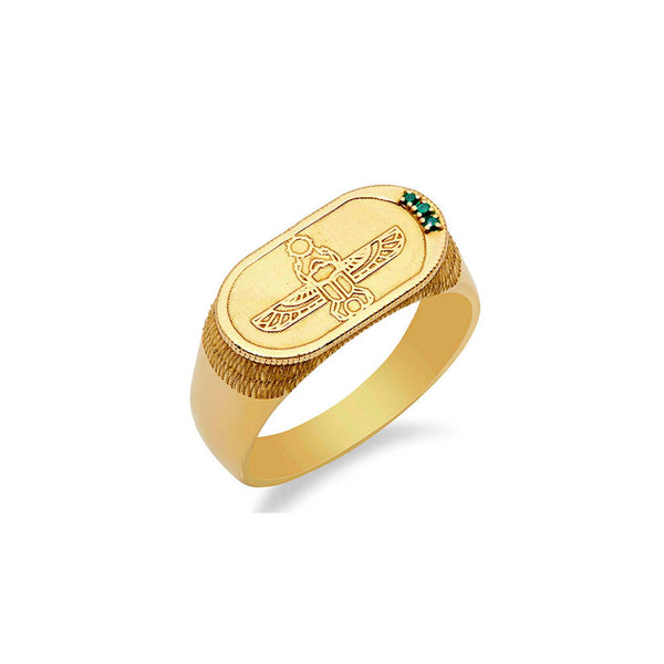 Egyptian Scarab Signet Ring with Emeralds in 14k Yellow Gold - Conges Life
