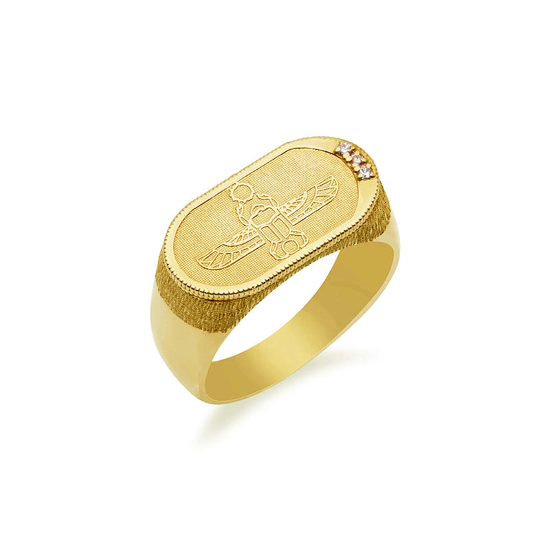 Egyptian Scarab Signet Ring with White Diamonds in 14k Yellow Gold - Conges Life