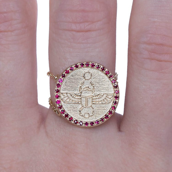Egyptian Scarab Diamond Cut Chain Ring with Rubies in 14k Yellow Gold shown on hand - Conges Life