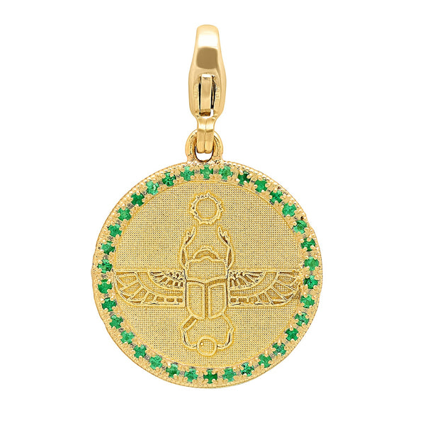 Egyptian Scarab Round Charm in Yellow Gold + Emeralds