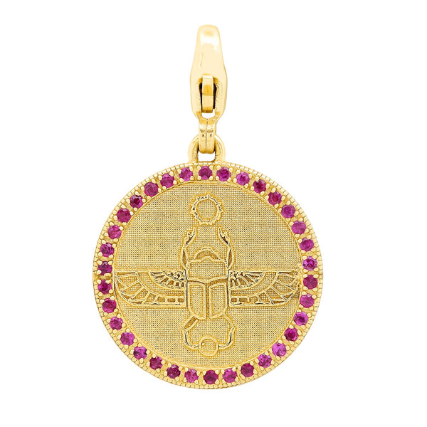 Egyptian Scarab Round Charm in Yellow Gold + Rubies