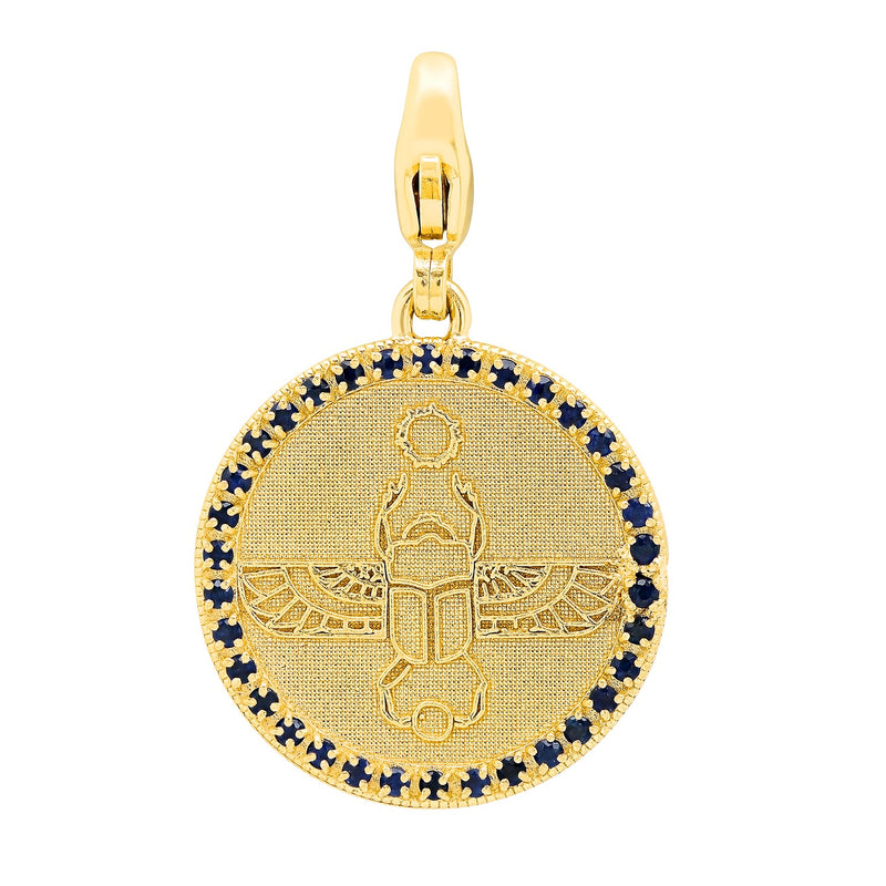 Egyptian Scarab Round Charm in Yellow Gold + Sapphires